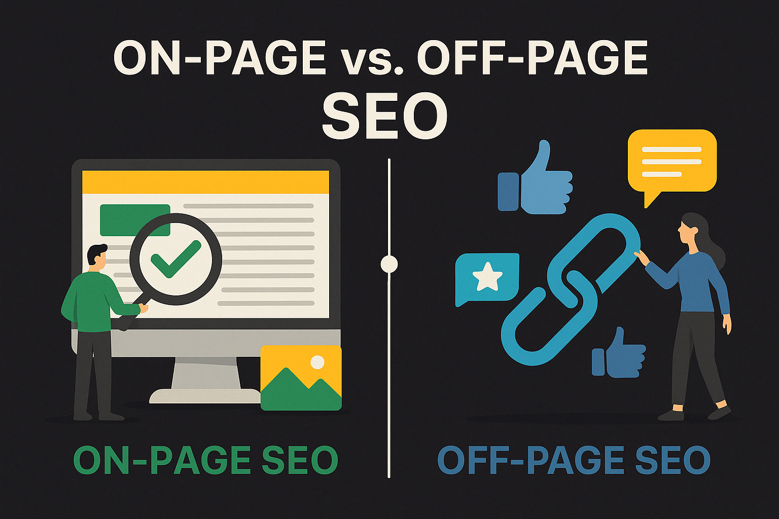 Flat-style infographic showing the differences between On-Page and Off-Page SEO with icons and visuals