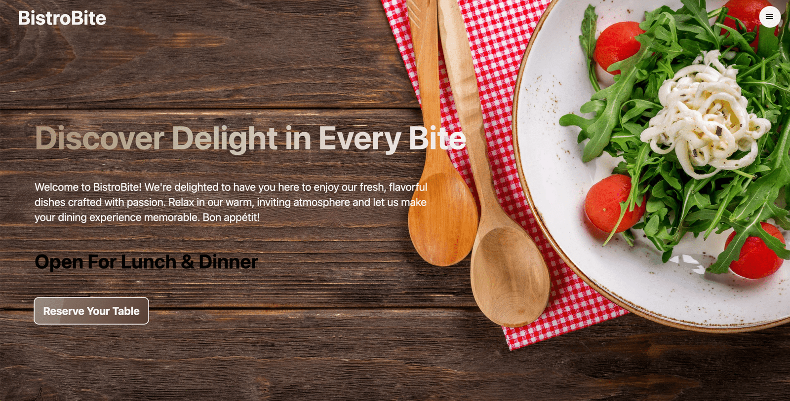 BistroBite restaurant website screenshot showcasing modern UI/UX design with mobile responsiveness and elegant food menu layout.
